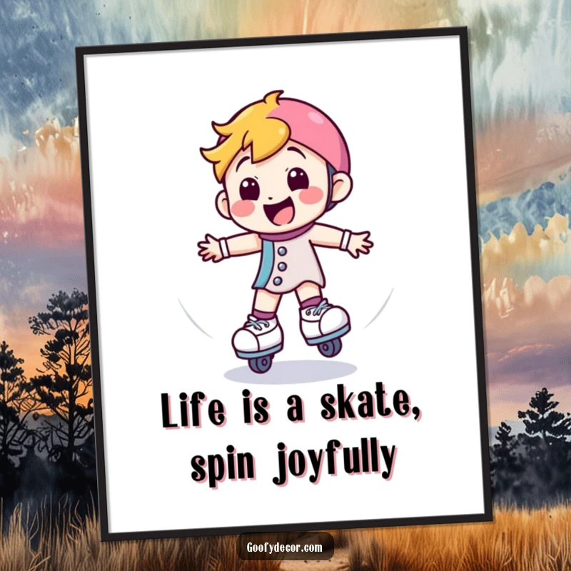 Funny free printable wall art: A happy roller skate character accidentally spinning in circles with a wide, infectious smile.