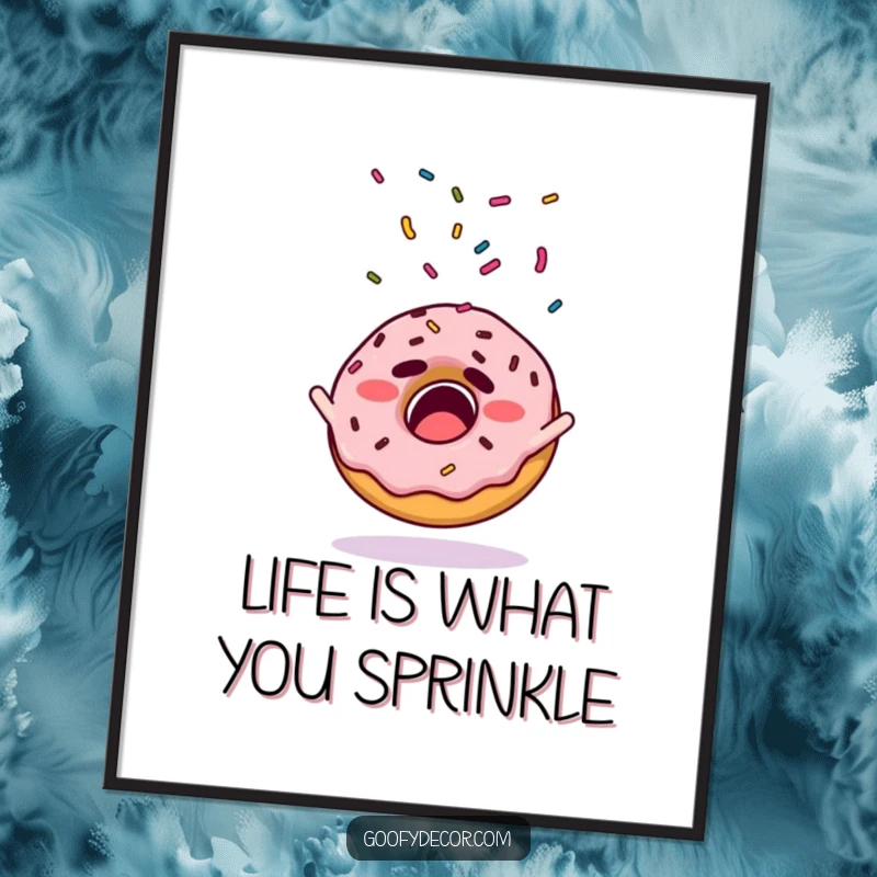 Funny Free Printable Wall Art: A startled donut with a spectacular explosion of sprinkles flying outwards. Playful, hilarious downloadable art.