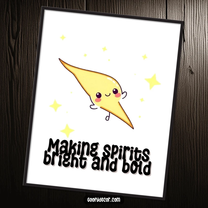 Funny free printable wall art of a playful lightning bolt character streaking across a vibrant starry night sky, a zany cosmic scene.