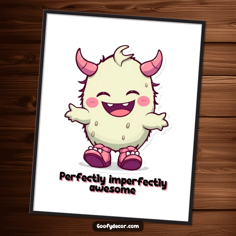 Funny Free Printable Wall Art: An endearing kawaii monster is caught mid-giggle, showcasing its comically mismatched shoes.