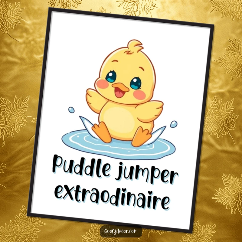 Funny free printable wall art of a small, cheerful duckling splashing happily in a puddle.