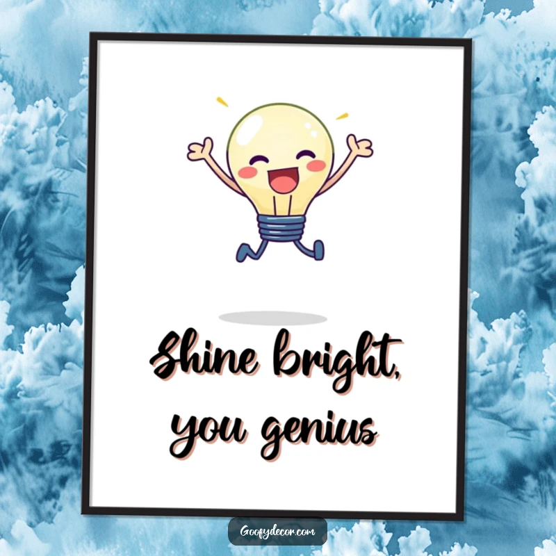Funny Free Printable Wall Art: A kawaii lightbulb character is captured mid-leap, radiating pure joy and brilliant light.