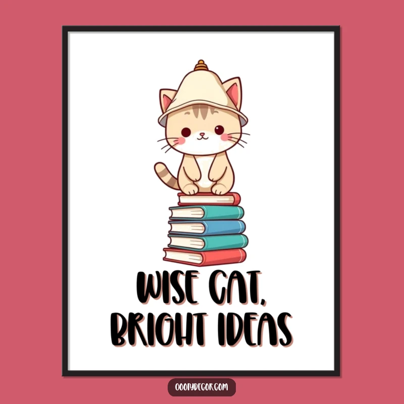 Funny Free Printable Kawaii Cat Art: Whimsical Lampshade Cat Stacked Books Decor