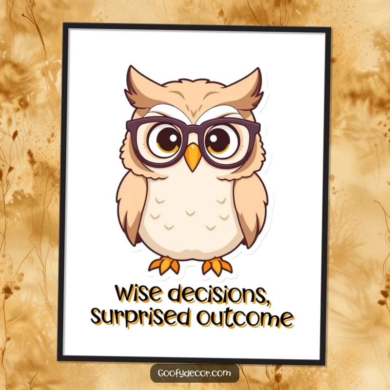 Funny free printable wall art of a determined owl with reading glasses looking surprised, perfect for a study or library with a humorous touch.