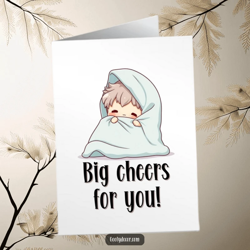 Funny Free Printable Birthday Card shows a playful character getting tangled while attempting to fold a huge blanket.