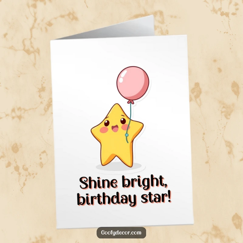 Funny Free Printable Birthday Card: A lively bouncing star character joyfully playing with a colorful balloon.