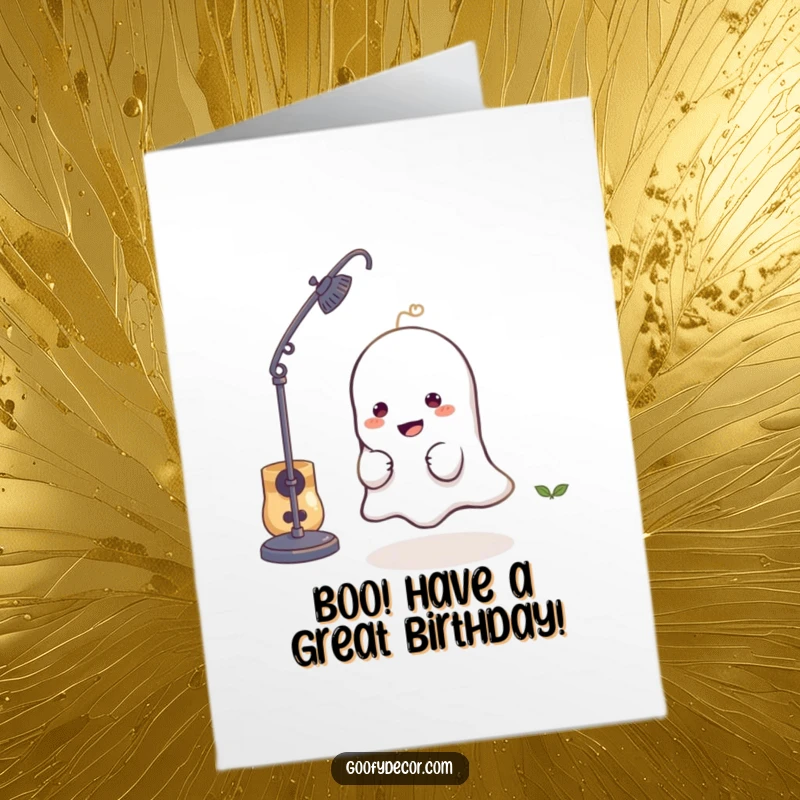 Funny Free Printable Birthday Card with a mischievous ghost character playfully hiding behind a lamp, ready to surprise.