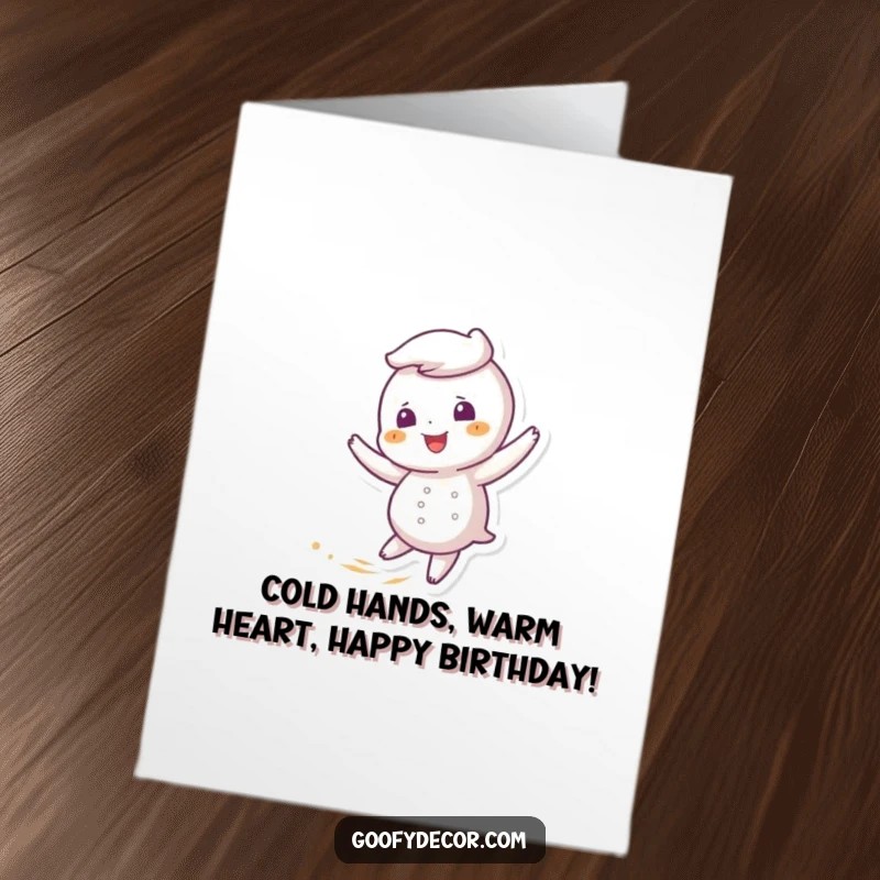 Funny Free Printable Birthday Card: Giggling snowflake character joyfully twirling in a light breeze, spreading laughter.