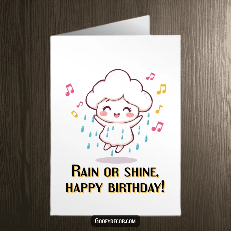 Joyful Free Printable Birthday Card: A dancing rain cloud character with musical notes swirls, celebrating a birthday.