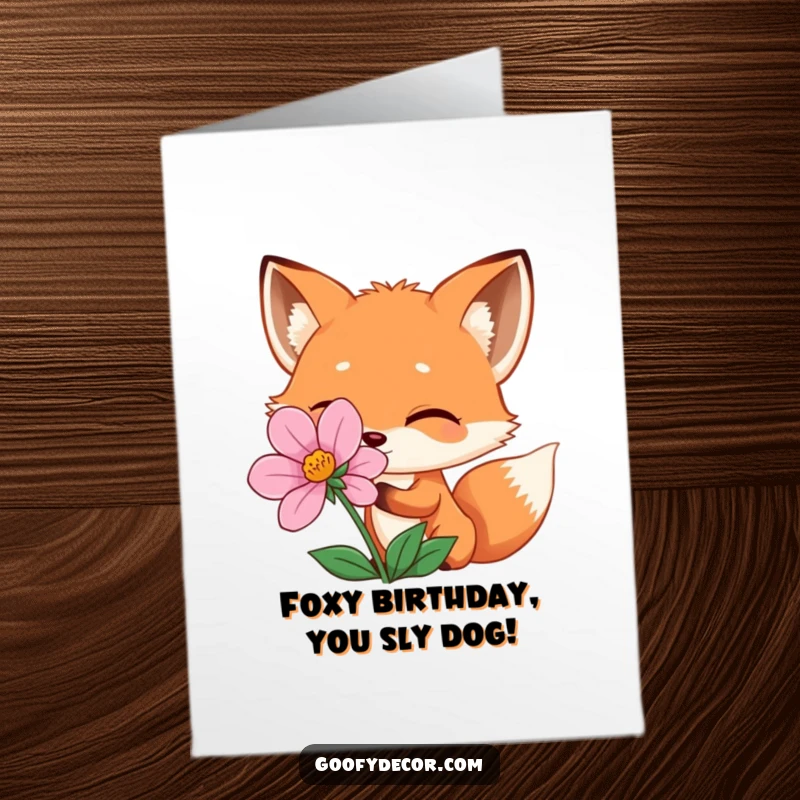 Funny Free Printable Birthday Card featuring a sly fox character winking playfully while hiding behind a vibrant flower.