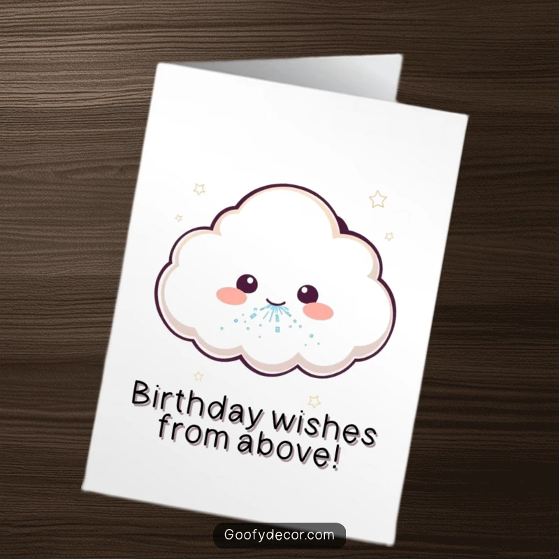 Funny Free Printable Birthday Card: A cute kawaii cloud character lets out a delightful sneeze, showering everything with shimmering glitter.