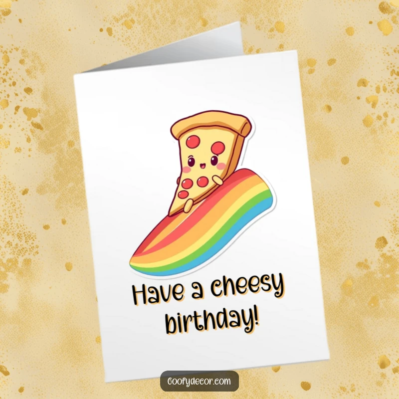 Funny Free Printable Birthday Card: A cheerful kawaii pizza character happily slides down a vibrant rainbow on its own slice.