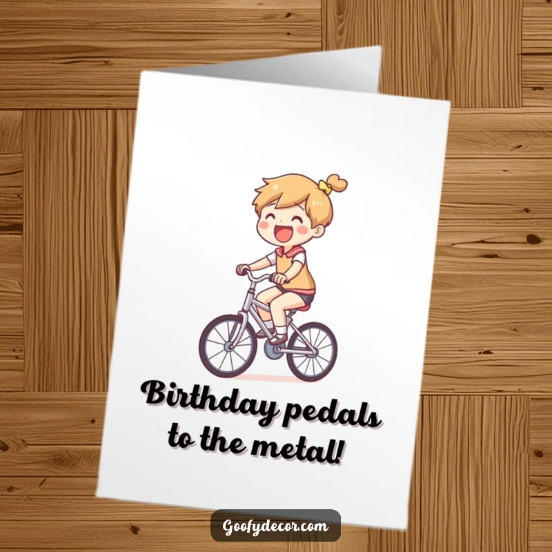 Funny Free Printable Birthday Card shows a joyful character pedaling a ridiculously small bicycle with enthusiasm.