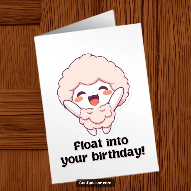Funny Free Printable Birthday Card: A fluffy character cheerfully floating upwards towards the sky with joy.