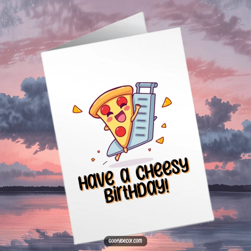 Funny Free Printable Birthday Card: Giggling pizza slice joyfully riding a runaway cheese grater. A wild, downloadable birthday wish.