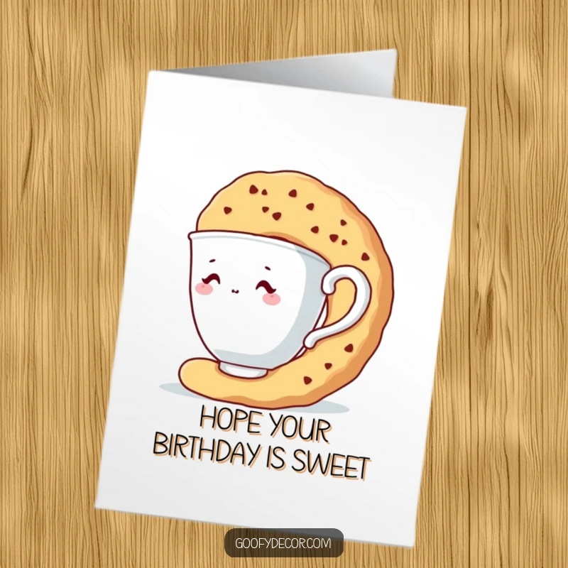 Funny Free Printable Birthday Card: Shy teacup character peeking from behind a giant biscuit. A sweet, downloadable birthday message.