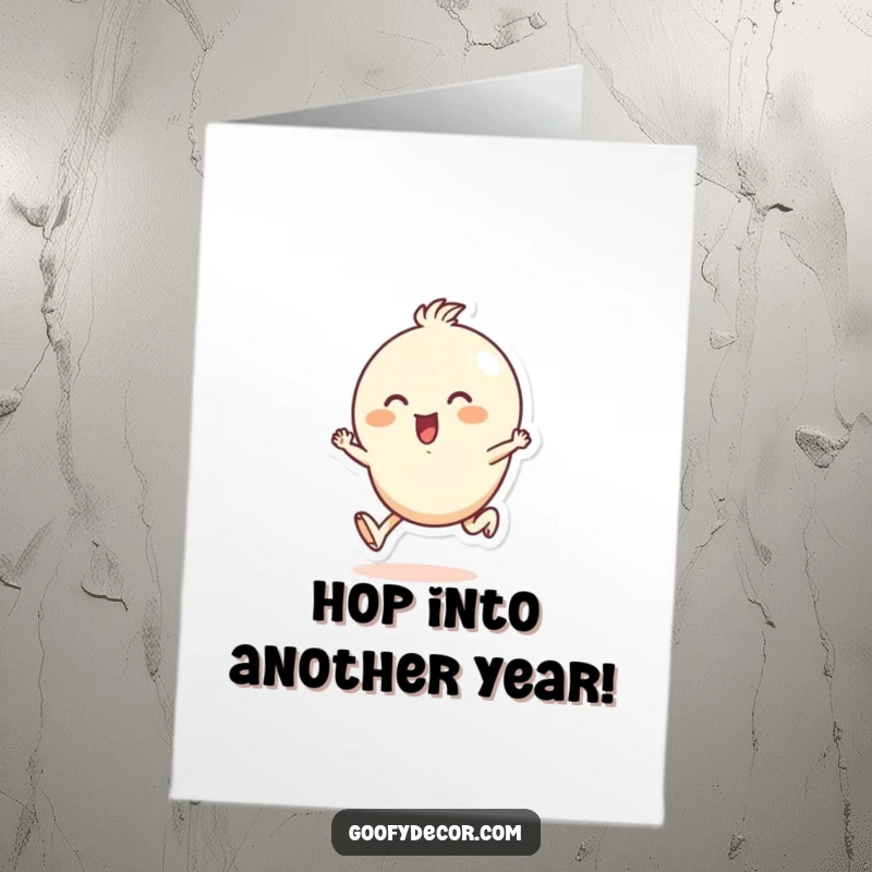 Funny Free Printable Birthday Card: A small, round character joyfully skipping along with extreme enthusiasm.