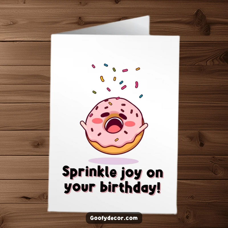 Funny Free Printable Birthday Card: Startled donut with sprinkles exploding outwards. A delightful, downloadable birthday surprise.
