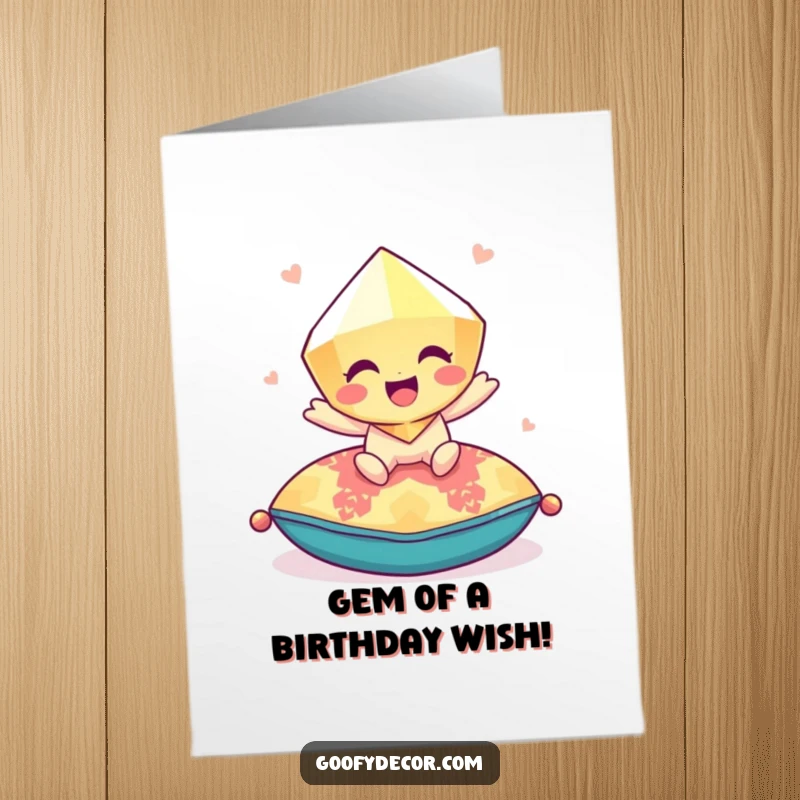 Funny Free Printable Birthday Card: Giggling gem character joyfully bouncing on a colorful cushion with infectious laughter.