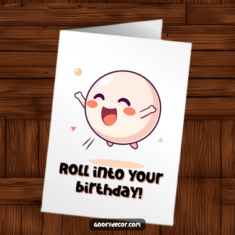 Funny free printable birthday card: A kawaii bouncing ball character joyfully tumbling head over heels through the air.