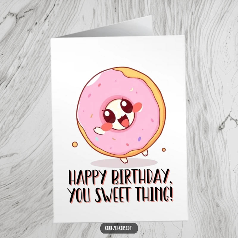 Funny Free Printable Birthday Card: Kawaii donut with big eyes joyfully attempts a somersault, celebrating your birthday.