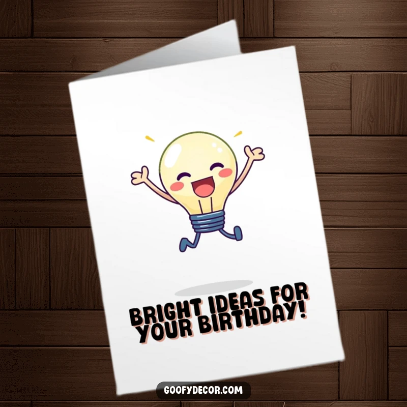 Funny Free Printable Birthday Card: A kawaii lightbulb character leaps joyfully, radiating a bright, happy light.