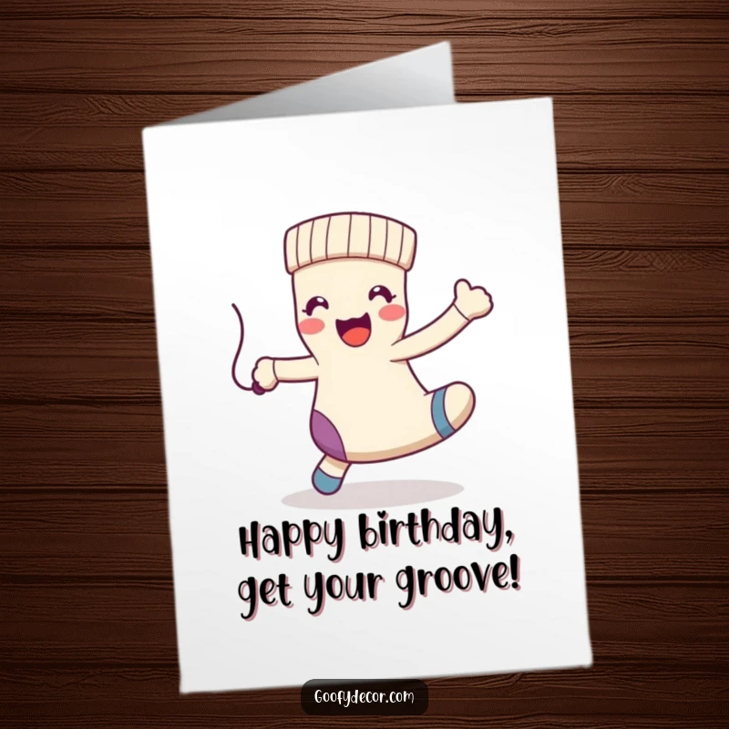 Funny Free Printable Birthday Card: A kawaii happy sock character playfully dances with a dangling string, full of glee.