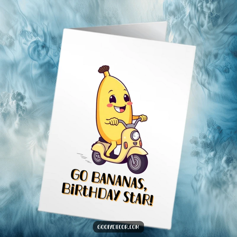 Funny free printable birthday card featuring a grinning banana character joyfully riding a miniature, fast-moving scooter.