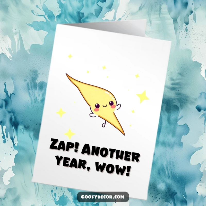 Funny free printable birthday card featuring a cheerful lightning bolt character zooming through a starry night sky, ready to party.