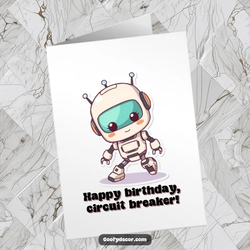 Funny Free Printable Birthday Card: Clumsy kawaii robot comically trips over its own metallic feet with a surprised look.