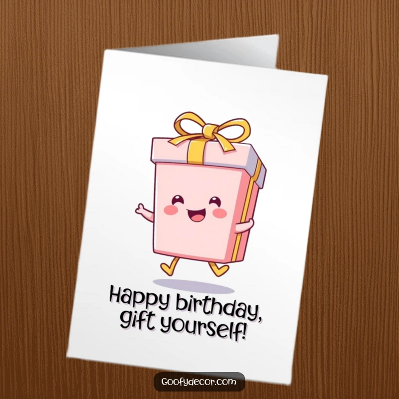 Funny Free Printable Birthday Card: A kawaii smiling gift box enthusiastically skips, radiating pure birthday happiness.