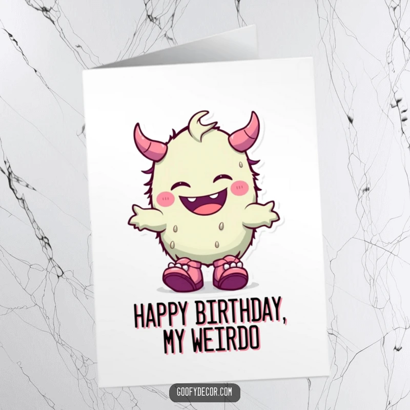Funny Free Printable Birthday Card: Adorable kawaii monster giggling heartily while sporting wildly mismatched shoes.