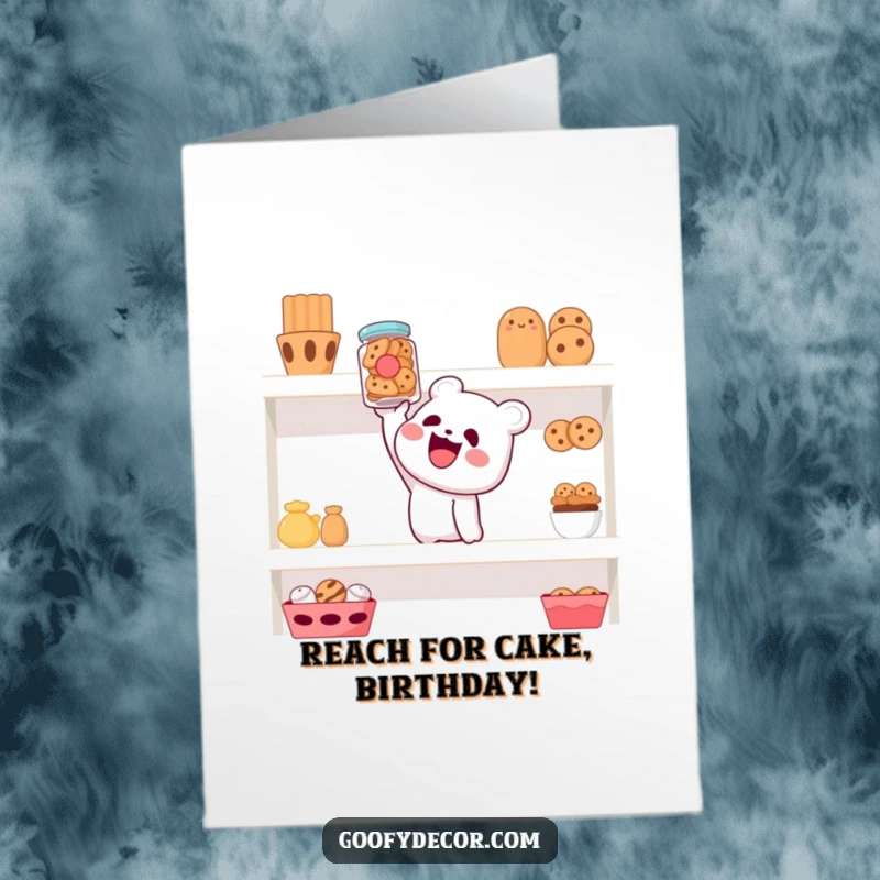 Funny Free Printable Birthday Card: Character stretching for a cookie jar, a humorous DIY gift.