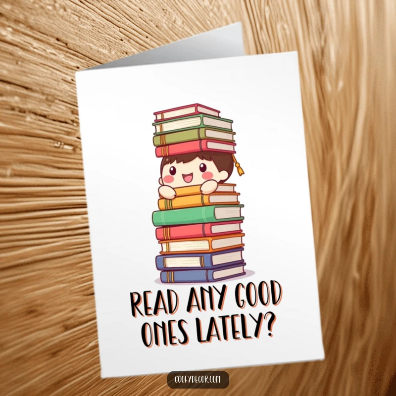 Funny Free Printable Birthday Card: happy character precariously balancing a tall tower of books, celebrating intelligence with humor.