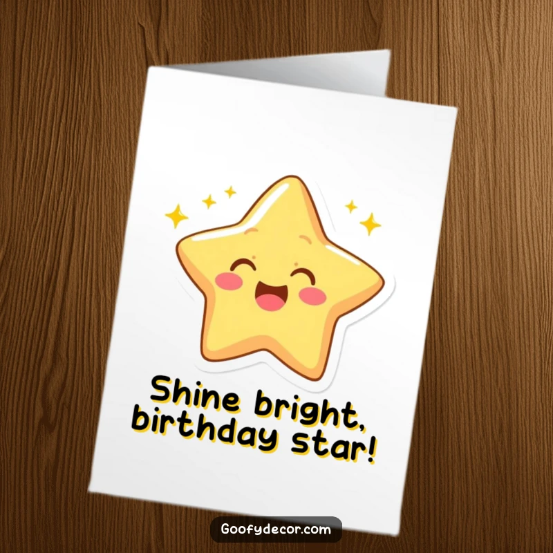 Funny Free Printable Birthday Card: A cheerful star character winks excitedly, surrounded by twinkling, radiant rays of light.