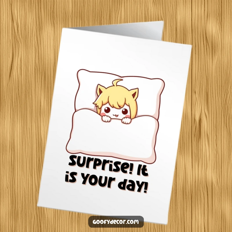 Funny Free Printable Birthday Card: mischievous character peeking from behind a cushion, planning a funny birthday surprise.