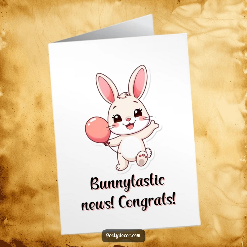 Funny Free Printable Congratulations Card: A smiling bunny character joyfully bounces a colorful balloon to celebrate your success.