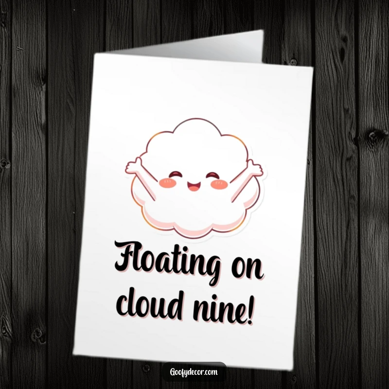 Funny free printable congratulations card showing a cheerful cloud character blissfully floating with arms outstretched in celebration.