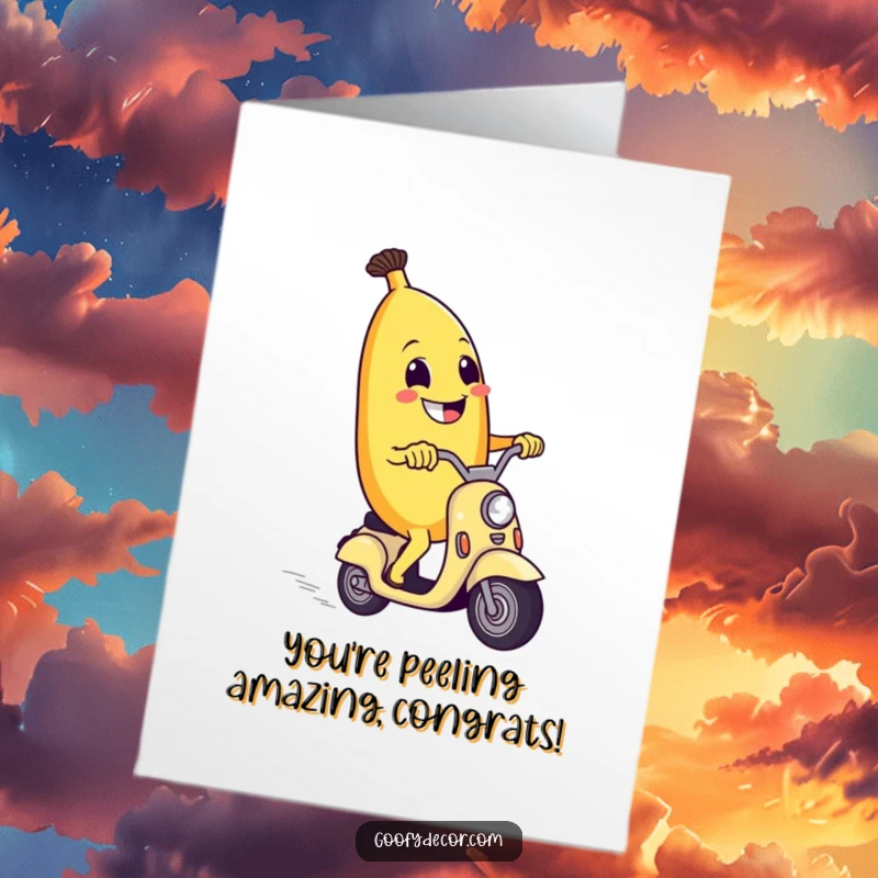 Funny free printable congratulations card showing a happy banana character speeding on a tiny scooter, celebrating success.