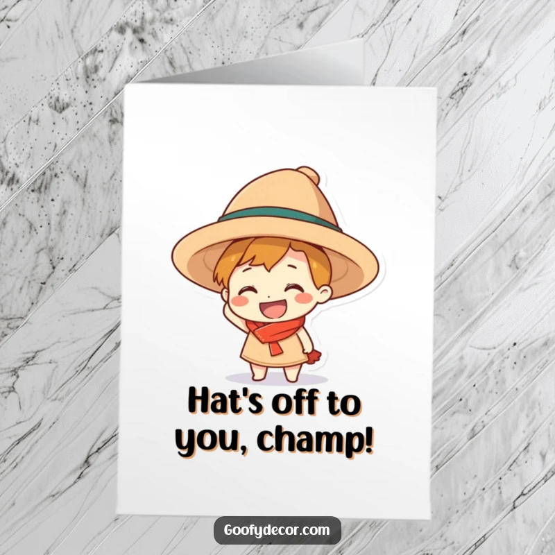Funny Free Printable Congratulations Card: a grinning character amusingly attempting to fit into an oversized hat, celebrating success.