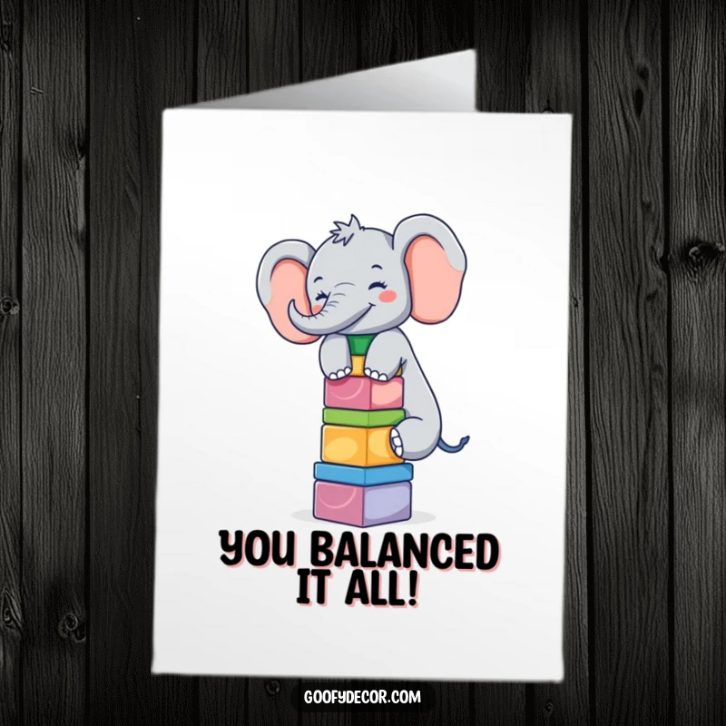 Funny Free Printable Congratulations Card: A giggling elephant balancing a colorful stack of blocks, celebrating your amazing accomplishment.
