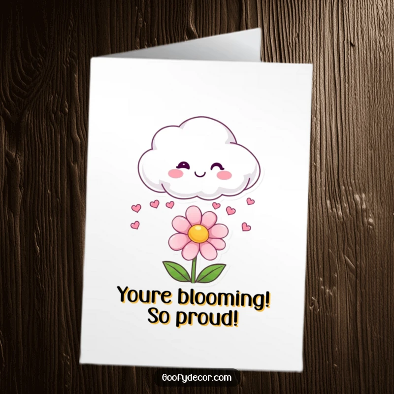 Funny Free Printable Congratulations Card: A smiling cloud showers tiny hearts onto a delighted, blooming flower.