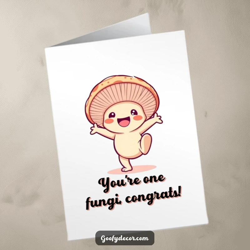 Funny free printable congratulations card showing an enthusiastic mushroom character doing a cartwheel to celebrate success.