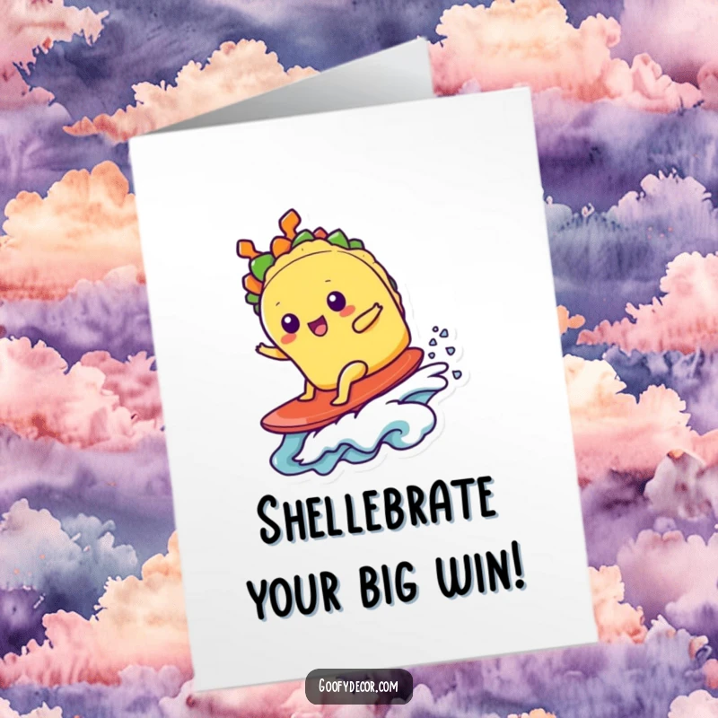Funny Free Printable Congratulations Card: A kawaii taco character triumphantly surfing and riding a wave to victory.