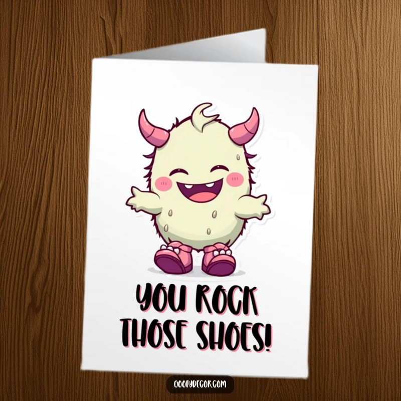 Funny Free Printable Congratulations Card: A sweet kawaii monster shares a giggle, proudly showing off its quirky mismatched shoes.