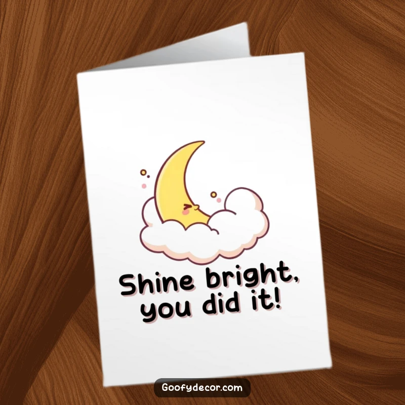 Gentle Free Printable Congratulations Card: A shy crescent moon character reveals itself from behind a soft cloud to celebrate.