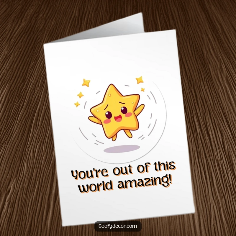 Funny Free Printable Congratulations Card: Startled star character spinning in a dizzy dance, celebrating success, downloadable art.