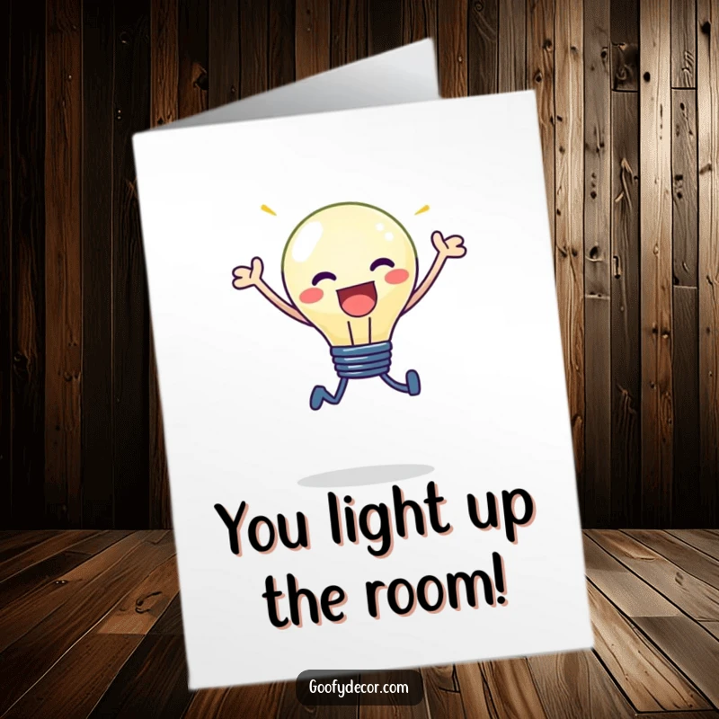 Funny Free Printable Congratulations Card: A kawaii lightbulb character performs an enthusiastic leap, shining brightly with accomplishment.