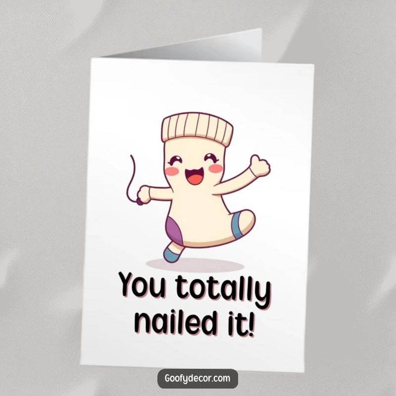 Funny Free Printable Congratulations Card: A kawaii happy sock character performs a joyful dance, swinging a dangling string.