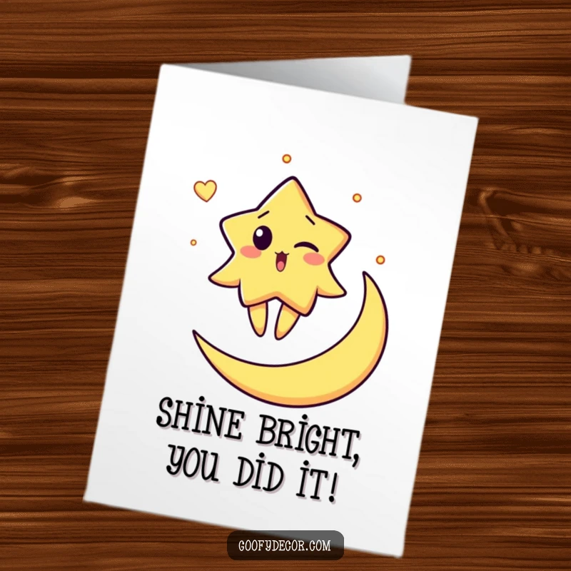 Funny free printable congratulations card: a surprised star character winking while balancing on a moon.